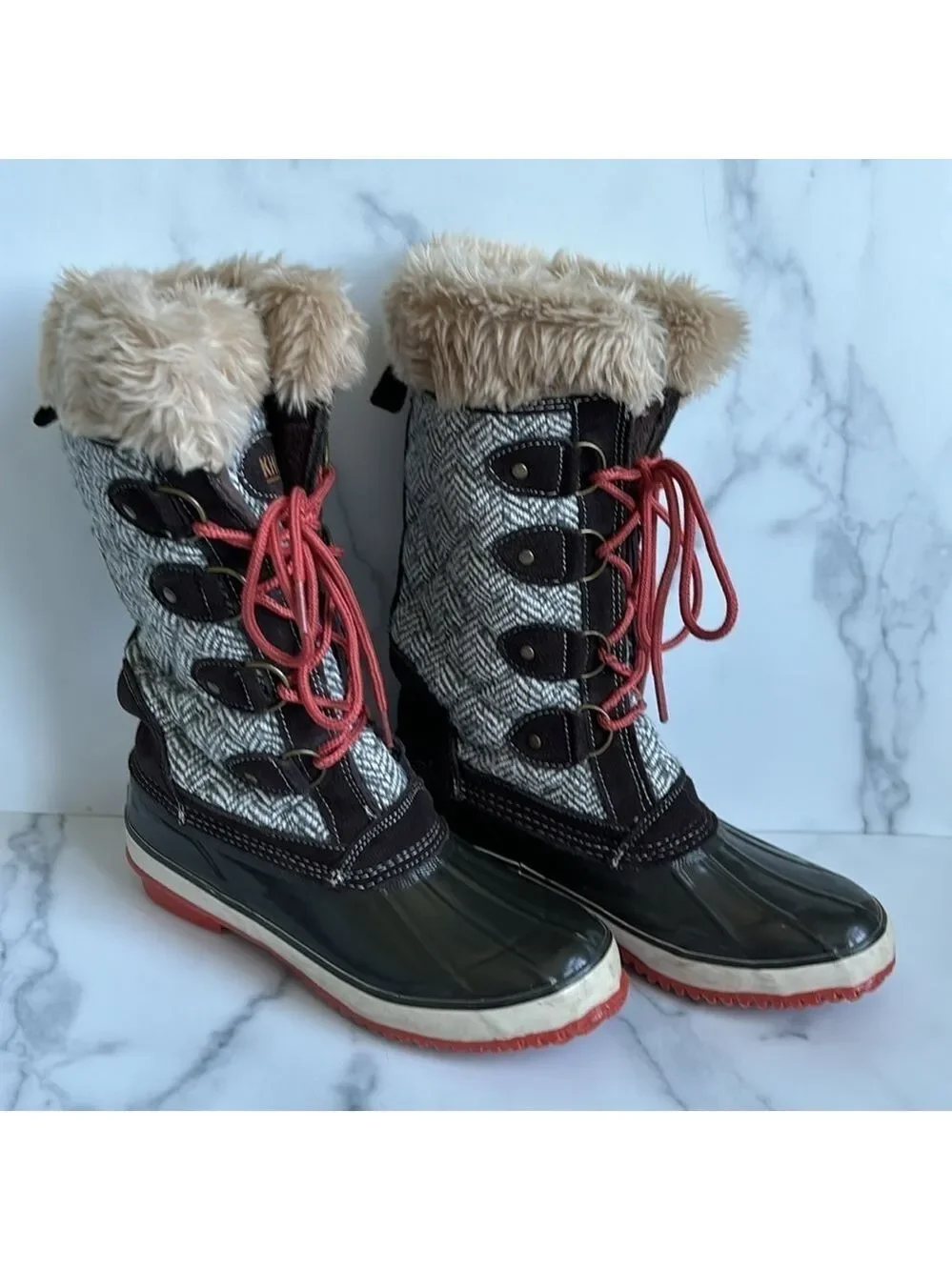 Khombu Arielle Tweed Lace Up Boot Brown Faux Fur Collar Size 7